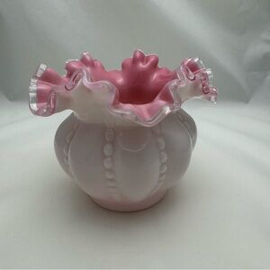 Fenton Pink Satin Glass Hobnail Ruffled Edge Vase Overlay Beaded 5”x6” VTG